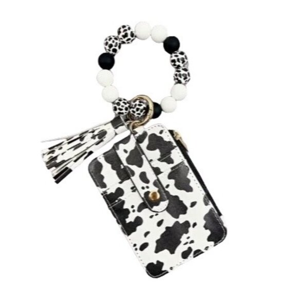 Cow Print Keychain Wallet Wristlet With Beaded Bracelet Tassel Key Ring New - Picture 1 of 3